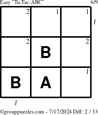 The grouppuzzles.com Easy TicTac-ABC puzzle for Wednesday July 17, 2024, suitable for printing, with all 2 steps marked