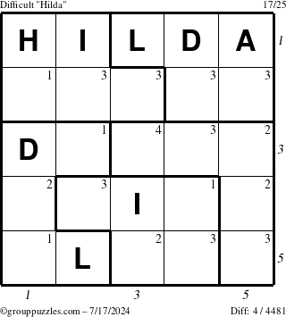 The grouppuzzles.com Difficult Hilda puzzle for Wednesday July 17, 2024 with all 4 steps marked