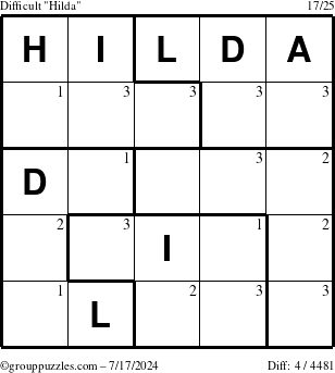 The grouppuzzles.com Difficult Hilda puzzle for Wednesday July 17, 2024 with the first 3 steps marked