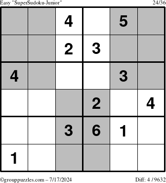 The grouppuzzles.com Easy SuperSudoku-Junior puzzle for Wednesday July 17, 2024