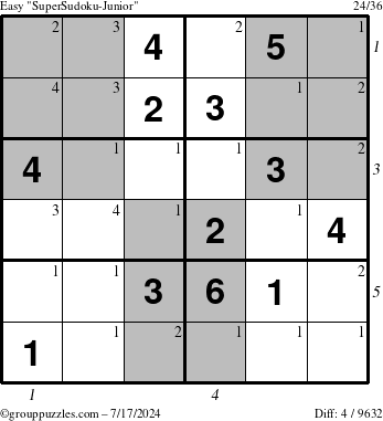 The grouppuzzles.com Easy SuperSudoku-Junior puzzle for Wednesday July 17, 2024 with all 4 steps marked