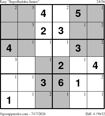 The grouppuzzles.com Easy SuperSudoku-Junior puzzle for Wednesday July 17, 2024 with the first 3 steps marked