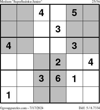 The grouppuzzles.com Medium SuperSudoku-Junior puzzle for Wednesday July 17, 2024