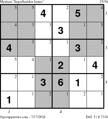 The grouppuzzles.com Medium SuperSudoku-Junior puzzle for Wednesday July 17, 2024 with all 5 steps marked