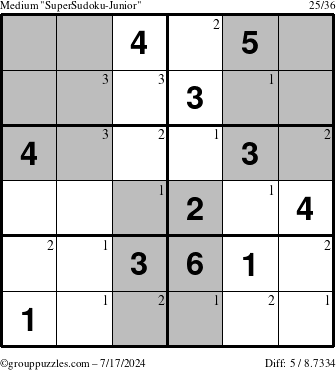 The grouppuzzles.com Medium SuperSudoku-Junior puzzle for Wednesday July 17, 2024 with the first 3 steps marked