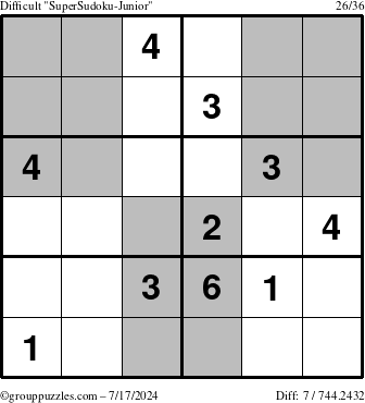 The grouppuzzles.com Difficult SuperSudoku-Junior puzzle for Wednesday July 17, 2024