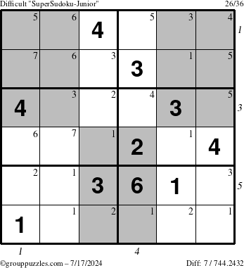 The grouppuzzles.com Difficult SuperSudoku-Junior puzzle for Wednesday July 17, 2024 with all 7 steps marked