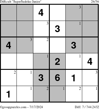 The grouppuzzles.com Difficult SuperSudoku-Junior puzzle for Wednesday July 17, 2024 with the first 3 steps marked