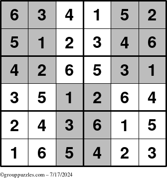 The grouppuzzles.com Answer grid for the SuperSudoku-Junior puzzle for Wednesday July 17, 2024