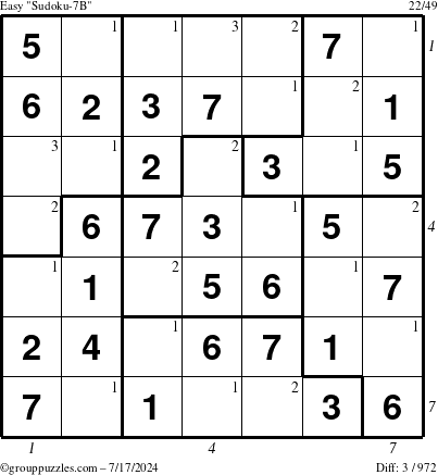 The grouppuzzles.com Easy Sudoku-7B puzzle for Wednesday July 17, 2024 with all 3 steps marked