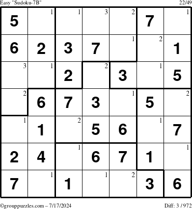 The grouppuzzles.com Easy Sudoku-7B puzzle for Wednesday July 17, 2024 with the first 3 steps marked