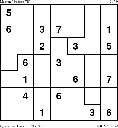 The grouppuzzles.com Medium Sudoku-7B puzzle for Wednesday July 17, 2024