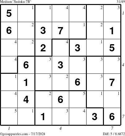 The grouppuzzles.com Medium Sudoku-7B puzzle for Wednesday July 17, 2024, suitable for printing, with all 5 steps marked