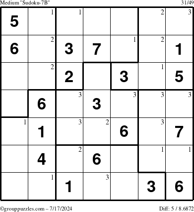 The grouppuzzles.com Medium Sudoku-7B puzzle for Wednesday July 17, 2024 with the first 3 steps marked