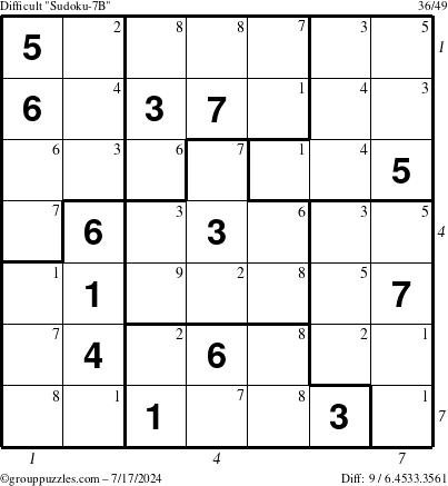 The grouppuzzles.com Difficult Sudoku-7B puzzle for Wednesday July 17, 2024 with all 9 steps marked