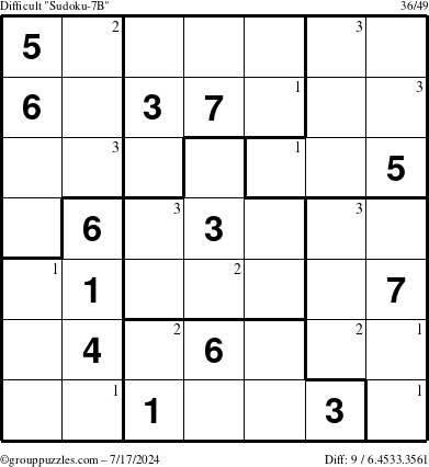 The grouppuzzles.com Difficult Sudoku-7B puzzle for Wednesday July 17, 2024 with the first 3 steps marked