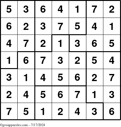 The grouppuzzles.com Answer grid for the Sudoku-7B puzzle for Wednesday July 17, 2024