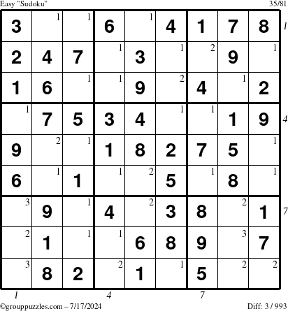 The grouppuzzles.com Easy Sudoku puzzle for Wednesday July 17, 2024 with all 3 steps marked