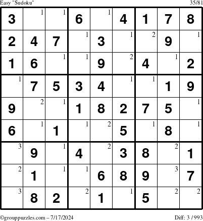 The grouppuzzles.com Easy Sudoku puzzle for Wednesday July 17, 2024 with the first 3 steps marked