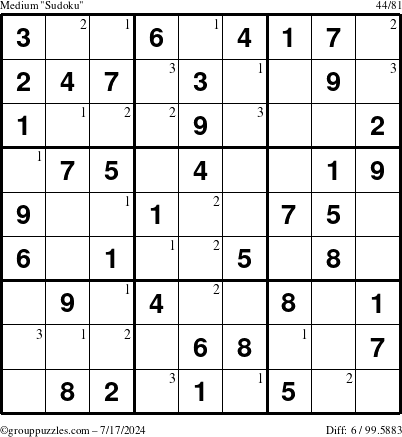 The grouppuzzles.com Medium Sudoku puzzle for Wednesday July 17, 2024 with the first 3 steps marked