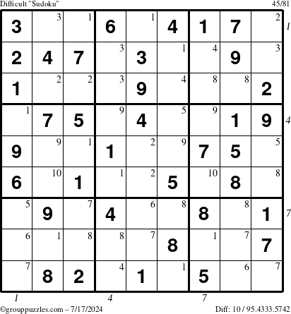 The grouppuzzles.com Difficult Sudoku puzzle for Wednesday July 17, 2024 with all 10 steps marked