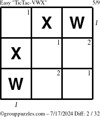 The grouppuzzles.com Easy TicTac-VWX puzzle for Wednesday July 17, 2024 with all 2 steps marked