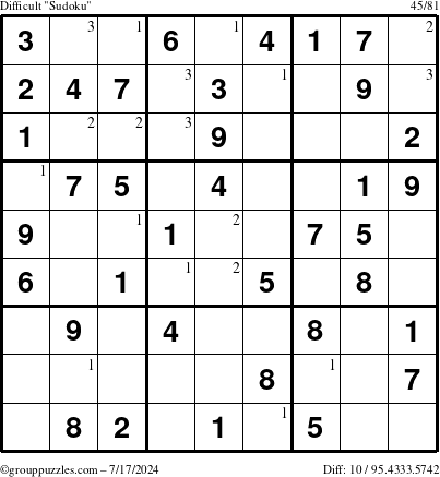 The grouppuzzles.com Difficult Sudoku puzzle for Wednesday July 17, 2024 with the first 3 steps marked