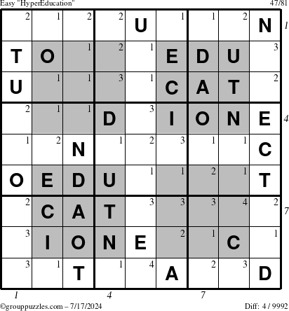 The grouppuzzles.com Easy HyperEducation-i23 puzzle for Wednesday July 17, 2024 with all 4 steps marked