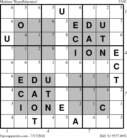 The grouppuzzles.com Medium HyperEducation-i23 puzzle for Wednesday July 17, 2024, suitable for printing, with all 8 steps marked