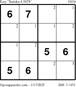 The grouppuzzles.com Easy Sudoku-4-5678 puzzle for Friday January 17, 2025 with the first 3 steps marked