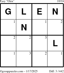 The grouppuzzles.com Easy Glen puzzle for Friday January 17, 2025 with the first 3 steps marked