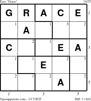 The grouppuzzles.com Easy Grace puzzle for Friday January 17, 2025, suitable for printing, with all 3 steps marked