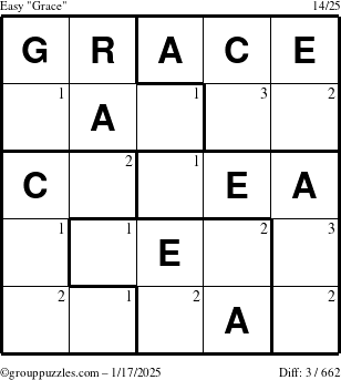 The grouppuzzles.com Easy Grace puzzle for Friday January 17, 2025 with the first 3 steps marked