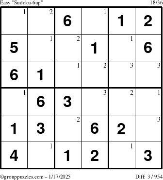 The grouppuzzles.com Easy Sudoku-6up puzzle for Friday January 17, 2025 with the first 3 steps marked