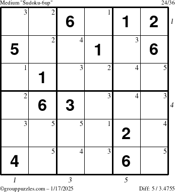 The grouppuzzles.com Medium Sudoku-6up puzzle for Friday January 17, 2025 with all 5 steps marked