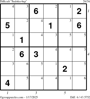 The grouppuzzles.com Difficult Sudoku-6up puzzle for Friday January 17, 2025 with all 6 steps marked