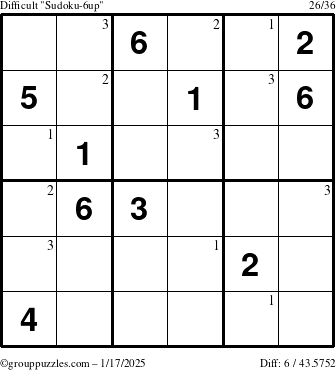 The grouppuzzles.com Difficult Sudoku-6up puzzle for Friday January 17, 2025 with the first 3 steps marked