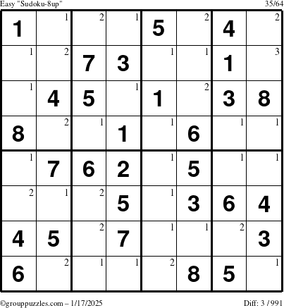 The grouppuzzles.com Easy Sudoku-8up puzzle for Friday January 17, 2025 with the first 3 steps marked