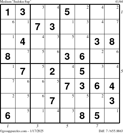 The grouppuzzles.com Medium Sudoku-8up puzzle for Friday January 17, 2025 with all 7 steps marked