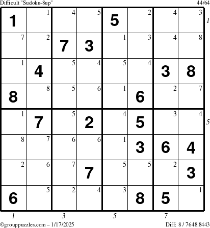 The grouppuzzles.com Difficult Sudoku-8up puzzle for Friday January 17, 2025 with all 8 steps marked