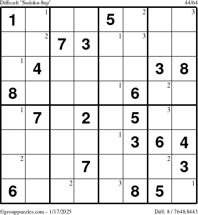 The grouppuzzles.com Difficult Sudoku-8up puzzle for Friday January 17, 2025 with the first 3 steps marked