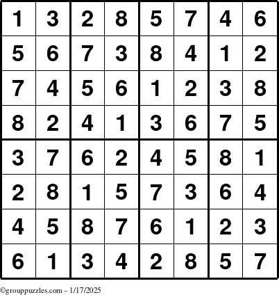 The grouppuzzles.com Answer grid for the Sudoku-8up puzzle for Friday January 17, 2025