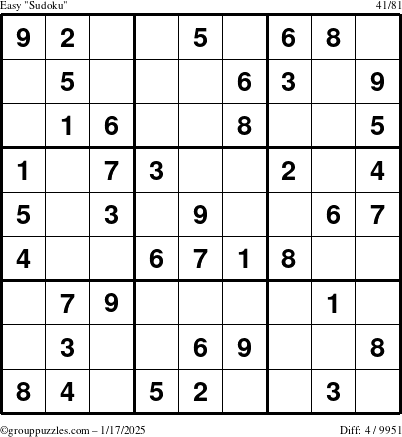 The grouppuzzles.com Easy Sudoku puzzle for Friday January 17, 2025