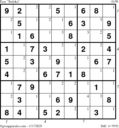 The grouppuzzles.com Easy Sudoku puzzle for Friday January 17, 2025 with all 4 steps marked