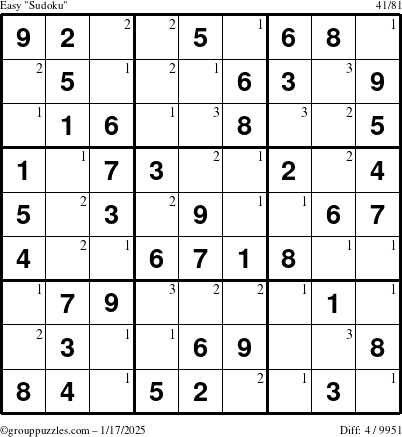 The grouppuzzles.com Easy Sudoku puzzle for Friday January 17, 2025 with the first 3 steps marked