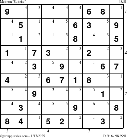 The grouppuzzles.com Medium Sudoku puzzle for Friday January 17, 2025, suitable for printing, with all 6 steps marked