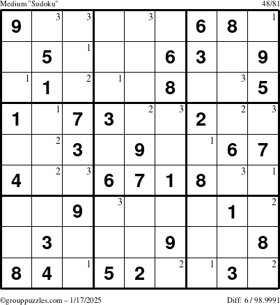 The grouppuzzles.com Medium Sudoku puzzle for Friday January 17, 2025 with the first 3 steps marked