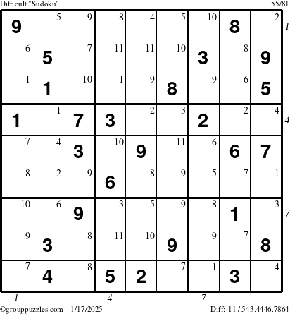 The grouppuzzles.com Difficult Sudoku puzzle for Friday January 17, 2025 with all 11 steps marked