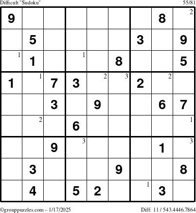 The grouppuzzles.com Difficult Sudoku puzzle for Friday January 17, 2025 with the first 3 steps marked