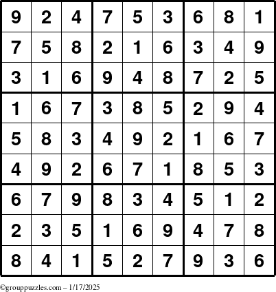 The grouppuzzles.com Answer grid for the Sudoku puzzle for Friday January 17, 2025